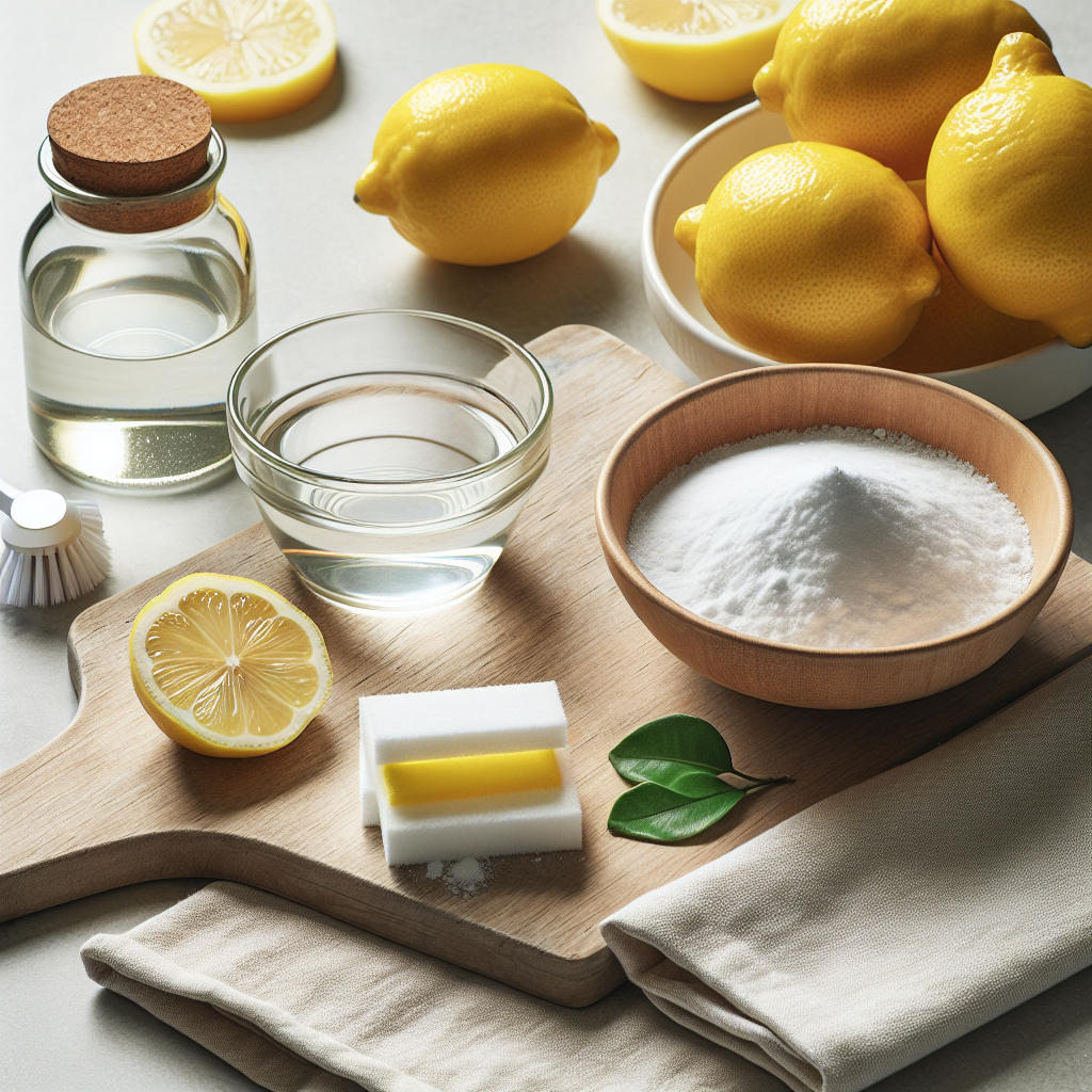 A close-up flat lay composition on a clean, light-colored kitchen counter featuring a small bowl of white vinegar, a box of baking soda with some powder gently spilled, and several fresh, bright yellow lemons, with a clean microfiber cloth nearby, symbolizing natural home remedies for cleaning and odor removal under soft, natural lighting.