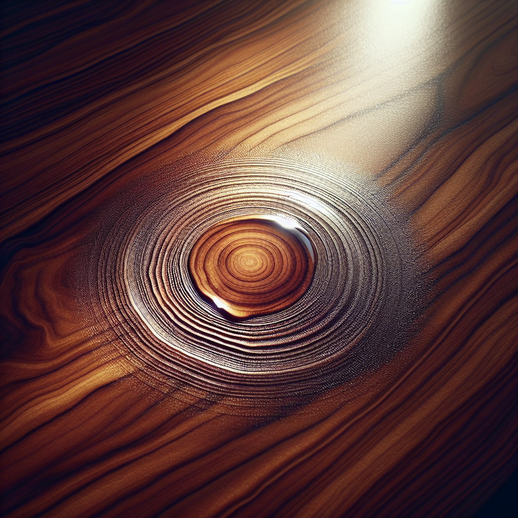 A close-up, high-angle shot of a distinct, light circular water ring stain on a beautifully polished, dark wooden coffee table. The stain is prominent against the rich wood grain, with soft lighting highlighting the texture of the wood and the subtle damage of the stain. Realistic, high-detail.