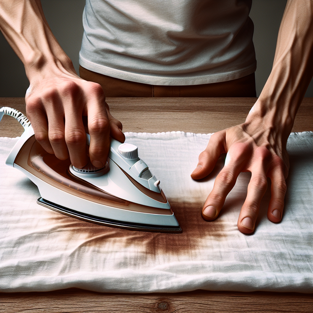 A detailed, close-up shot of hands performing the 'iron method' to remove a water stain from wood. An adult's hands carefully holding a small, warm iron (without steam) over a clean, white cotton cloth, which is placed directly on a light water stain on a light-colored wooden surface (like an oak table). The focus is on the precise action and the materials, with natural lighting showing the textures. Realistic, step-by-step tutorial style.