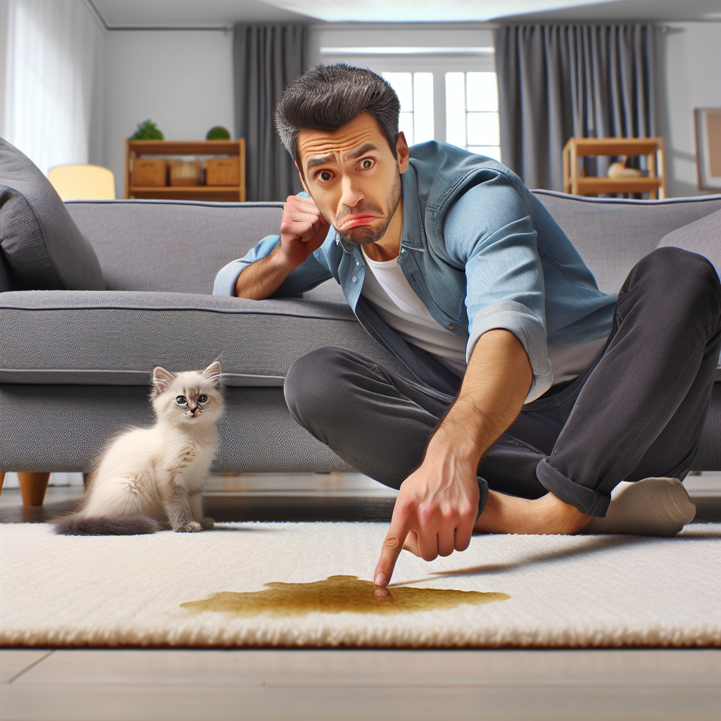 A visibly frustrated person standing in a modern living room, pointing at a subtle yet clear cat urine stain on a light-colored carpet. A small, innocent-looking cat is sitting nearby, observing. The scene should subtly convey an unpleasant odor without being graphic, perhaps with a slight visual haze around the stain. Realistic, slightly desaturated photography style to emphasize the problem.