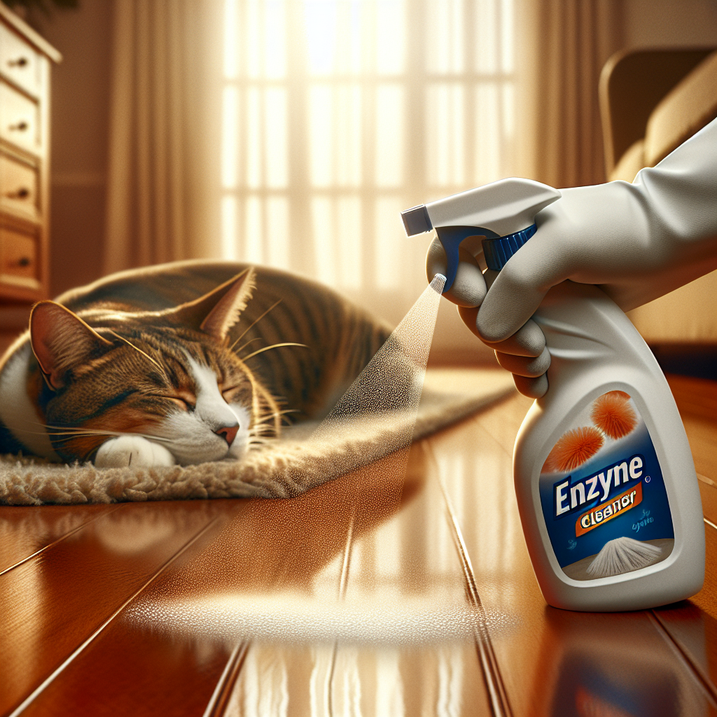 A close-up shot of an enzyme cleaner bottle being sprayed onto a clean, pristine-looking section of a household floor (e.g., a warm wooden floor or a fresh carpet). In the background, a happy, relaxed cat is peacefully sleeping or stretching in a spot that appears perfectly clean and free of any odor. The overall scene is bright, fresh, and conveys a strong sense of cleanliness and relief. Realistic, bright, and warm lighting.