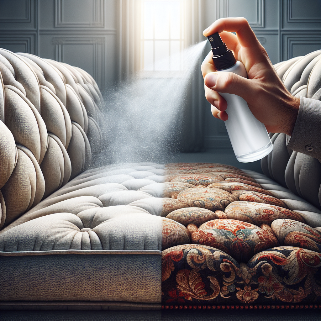 A hand holding a modern, sleek spray bottle, actively spraying a fine, refreshing mist onto a patterned sofa cushion. On one side of the cushion, the air above it is subtly hazy and discolored, representing lingering nicotine smell. On the side where the spray is applied, the air is visibly clear, bright, and fresh, showing immediate odor neutralization. The room is clean and well-lit, emphasizing the transformation. Realistic photo style, high contrast.