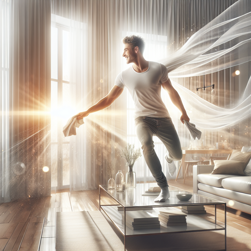 A bright, modern living room bathed in abundant natural light, showcasing a revitalized and fresh atmosphere. A person with a cheerful expression is actively wiping a surface with a clean cloth, while sheer, white curtains flutter gently from an open window. The scene radiates cleanliness, airiness, and a delightful sense of freshness. Realistic, vibrant, clean aesthetic with pops of light.