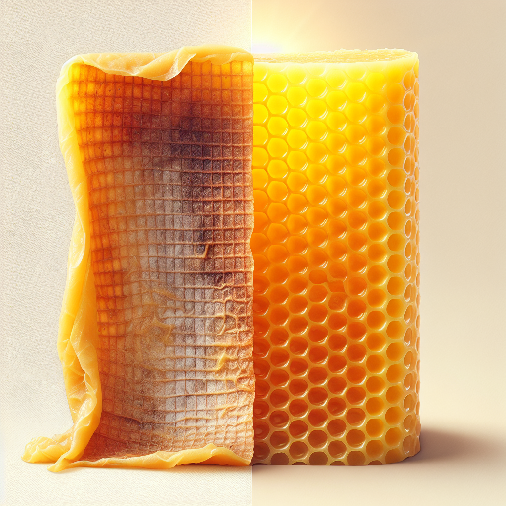 A beautiful beeswax wrap, half of it appearing dull and slightly used, subtly hinting at a past odor, and the other half bright, clean, and pristine, bathed in warm sunlight, with a soft, diffused glow visually implying a fresh scent. Realistic, detailed photograph.
