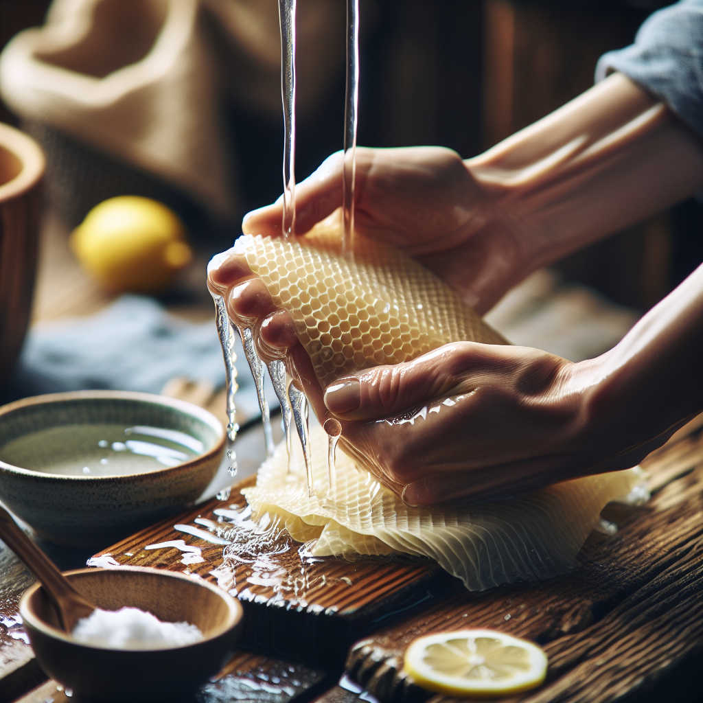 Close-up of hands gently rinsing a natural beeswax wrap under a slow stream of lukewarm water, with a small bowl of baking soda and a lemon slice visible in the soft-focus background on a rustic wooden surface. The scene should evoke a sense of natural cleaning and fresh aroma. Bright, natural lighting.
