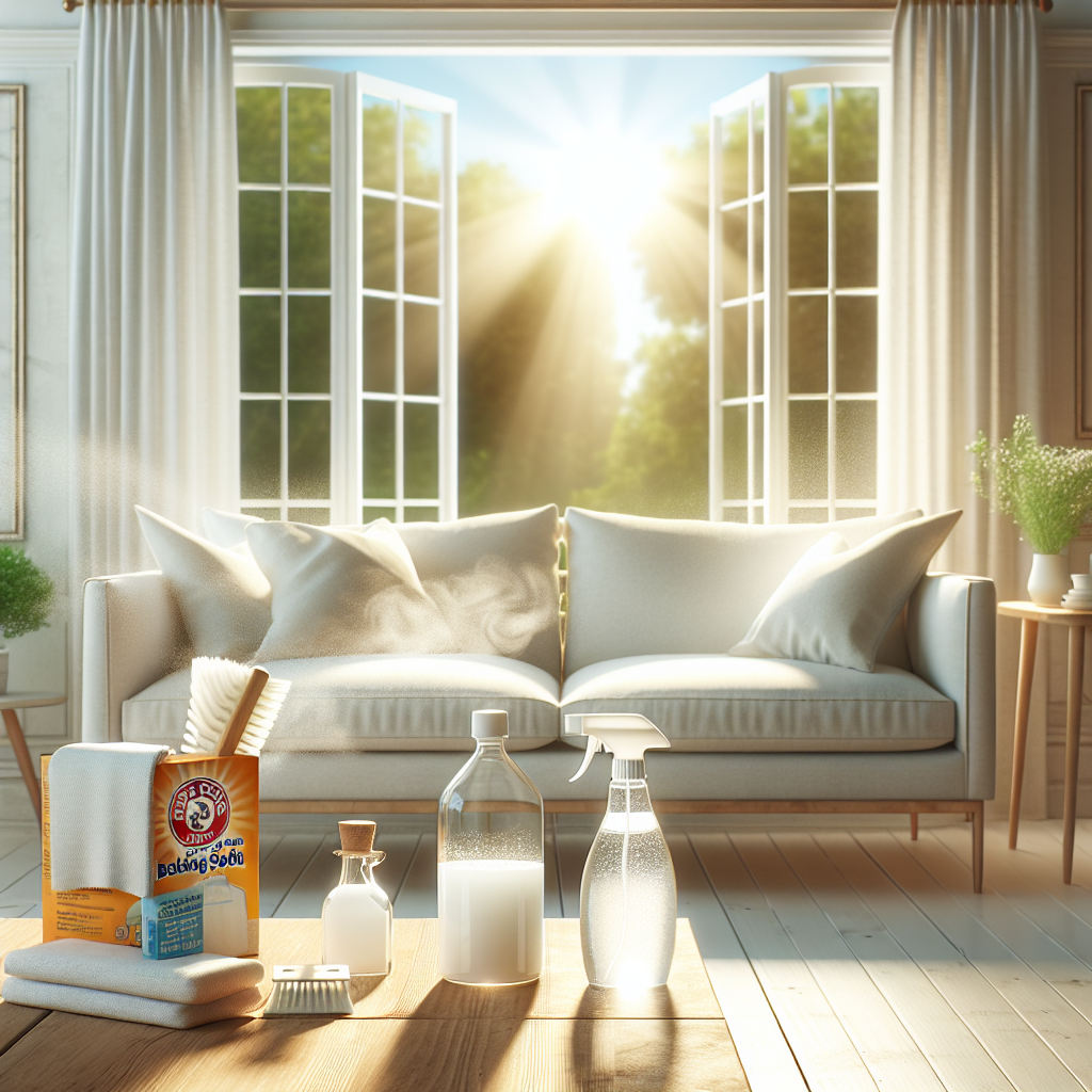 A bright, airy living room with a large open window, letting in a gentle breeze and sunshine. On a clean wooden table or countertop, there's a bottle of white vinegar, a box of baking soda, and a clean spray bottle, symbolizing natural cleaning solutions. The overall atmosphere is fresh, clean, and peaceful, conveying a sense of renewal after eliminating odors.