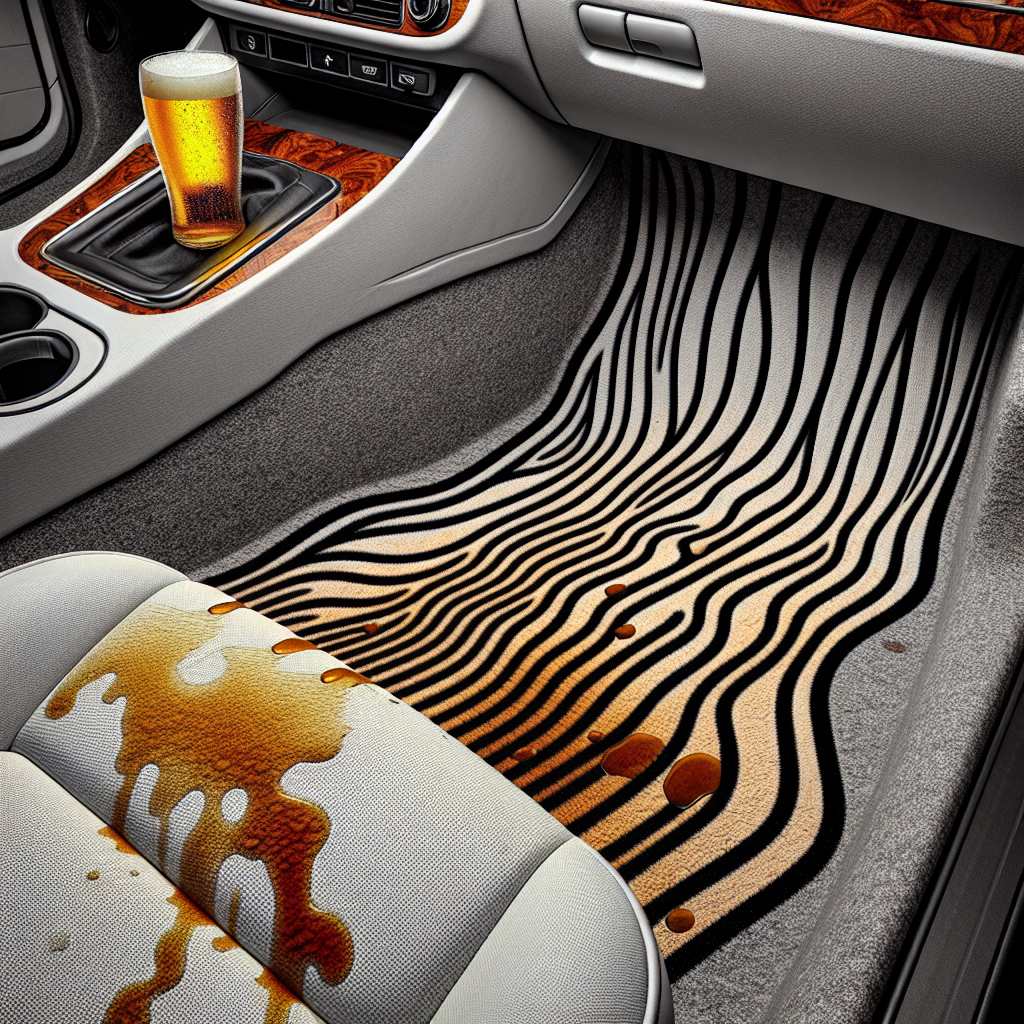 A realistic photo of a car interior with a visible beer spill on the car seat or floor mat, subtly showing wavy lines of unpleasant odor emanating from the spill. The interior should look a bit messy, emphasizing the problem.