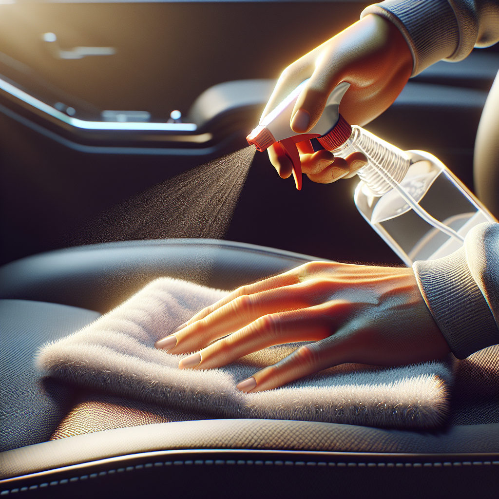 A close-up, realistic photo of hands actively cleaning a car's fabric seat or carpet with a spray bottle of cleaning solution and a microfiber cloth. The scene should convey a sense of thoroughness and freshness, with bright, clean lighting.
