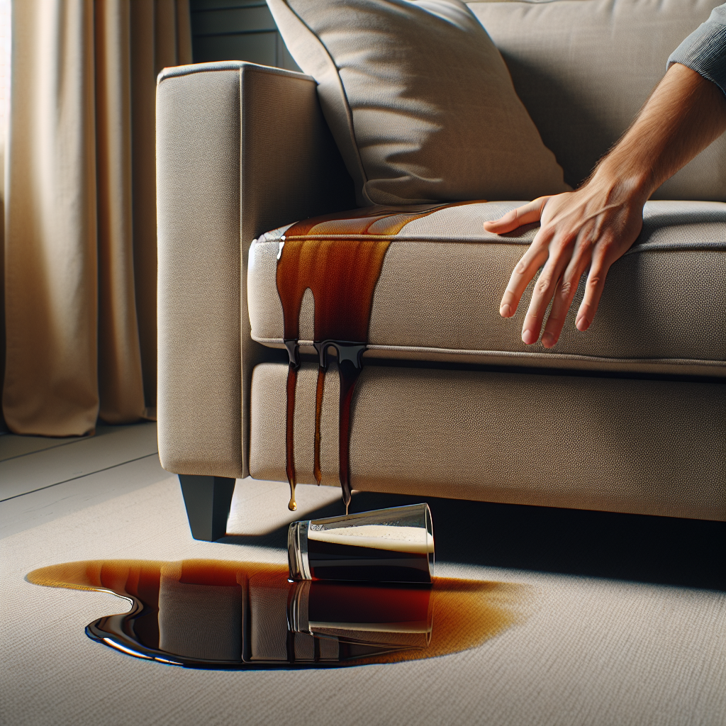 A modern, comfortable living room couch with a dark beer glass tipped over, beer actively spilling and creating a wet stain on the fabric. The image captures the immediate aftermath of a common household accident, with a slightly concerned or surprised hand visible nearby. Realistic, domestic setting, warm lighting.