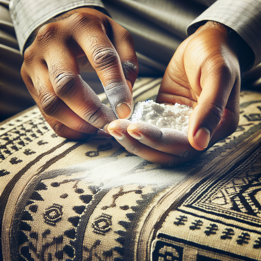 A close-up shot of a person's hands gently sprinkling a generous amount of white powder, resembling baking soda or Natron, onto a section of a fabric couch. The powder is visible on the upholstery, ready to absorb odors. Bright, clean, and practical illustration of a home cleaning remedy.