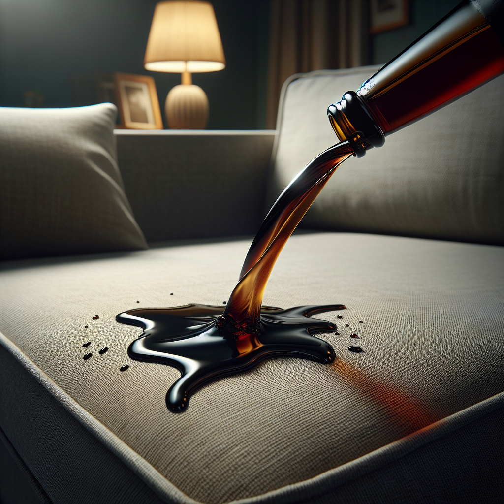 A close-up shot of a dark beer spilling onto a light-colored fabric sofa, creating a visible wet stain. The scene should capture the moment of the accident, with a focus on the liquid soaking into the textile. The background is a cozy, slightly dim living room, emphasizing the unexpected mishap. Realistic, high detail, slightly cinematic lighting.