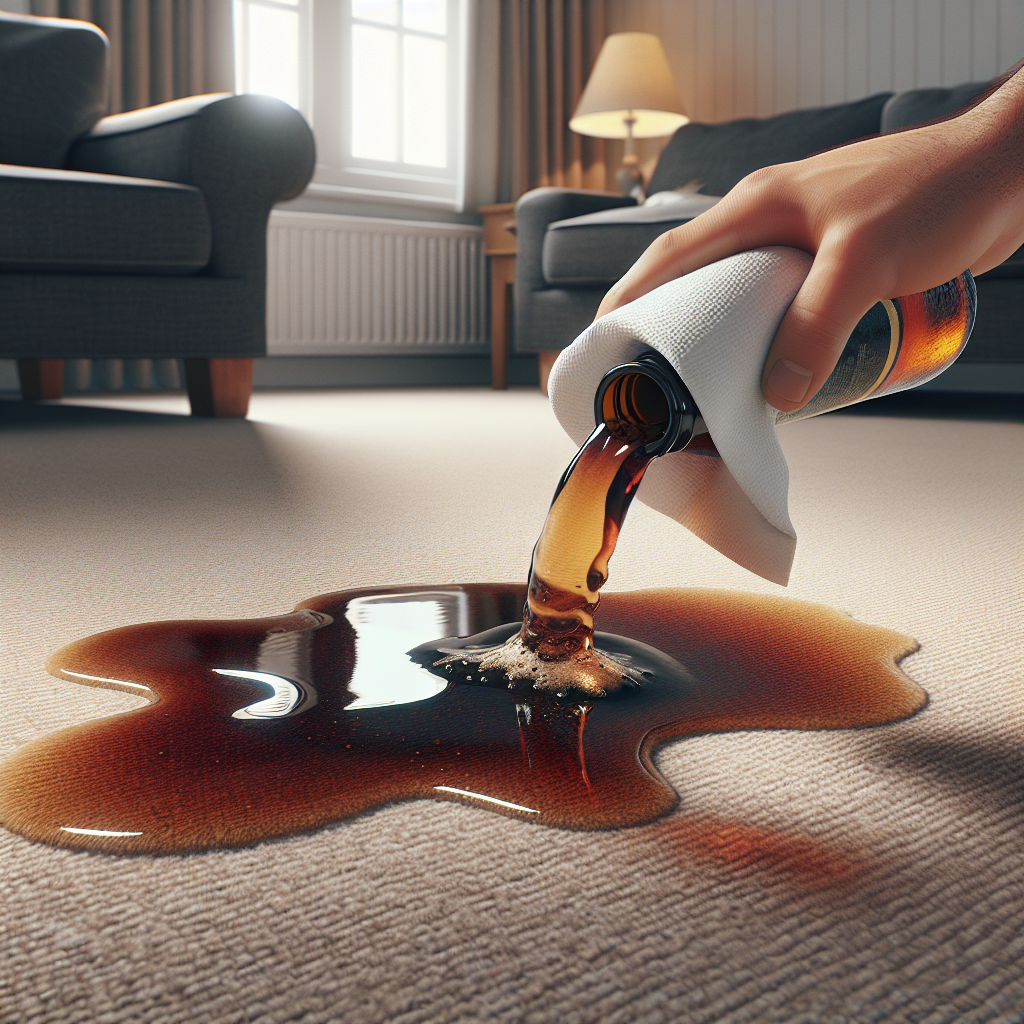 A close-up shot of a dark beer spilling onto a light beige carpet, forming a prominent wet stain. A hand quickly dabs the spill with a white, absorbent paper towel, showing immediate action. The background is a slightly blurred living room setting, conveying a subtle sense of disruption and the need for cleanup. Realistic lighting, focus on the wet texture and quick response.
