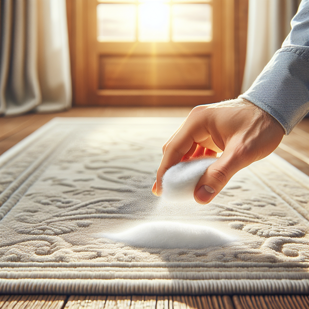 A bright, airy scene showing a clean, fresh-looking light-colored carpet. A hand gently sprinkles white baking soda powder onto a small, almost invisible spot on the carpet. In the background, a window is slightly open, letting in soft natural light and suggesting fresh air. The overall atmosphere is one of cleanliness, effectiveness, and a pleasant, odor-free environment.