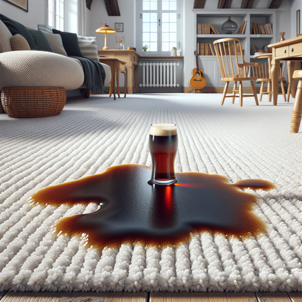 A realistic, high-detail photograph of a dark beer spill on a light-colored, cozy living room carpet. The spilled beer is fresh, slightly foamy, and creates a noticeable dark patch. The overall atmosphere around the spill subtly suggests an unpleasant odor, perhaps with a slight visual distortion or a muted, dull color palette specifically in that area, contrasting with the otherwise clean room. German interior style.