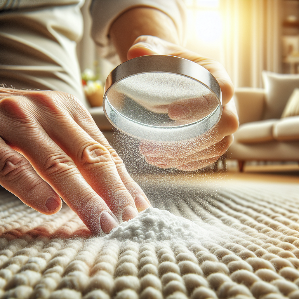 A close-up, high-detail photograph of hands sprinkling a generous amount of white powder, resembling baking soda or a cleaning agent, onto a light-colored living room carpet. The carpet fibers are visible, and the powder is evenly distributed over a circular area. The background is a slightly blurred, warm, and inviting home interior, suggesting a successful cleaning effort. Bright, natural lighting. Focus on the action and the textures, conveying a sense of effective home remedy.