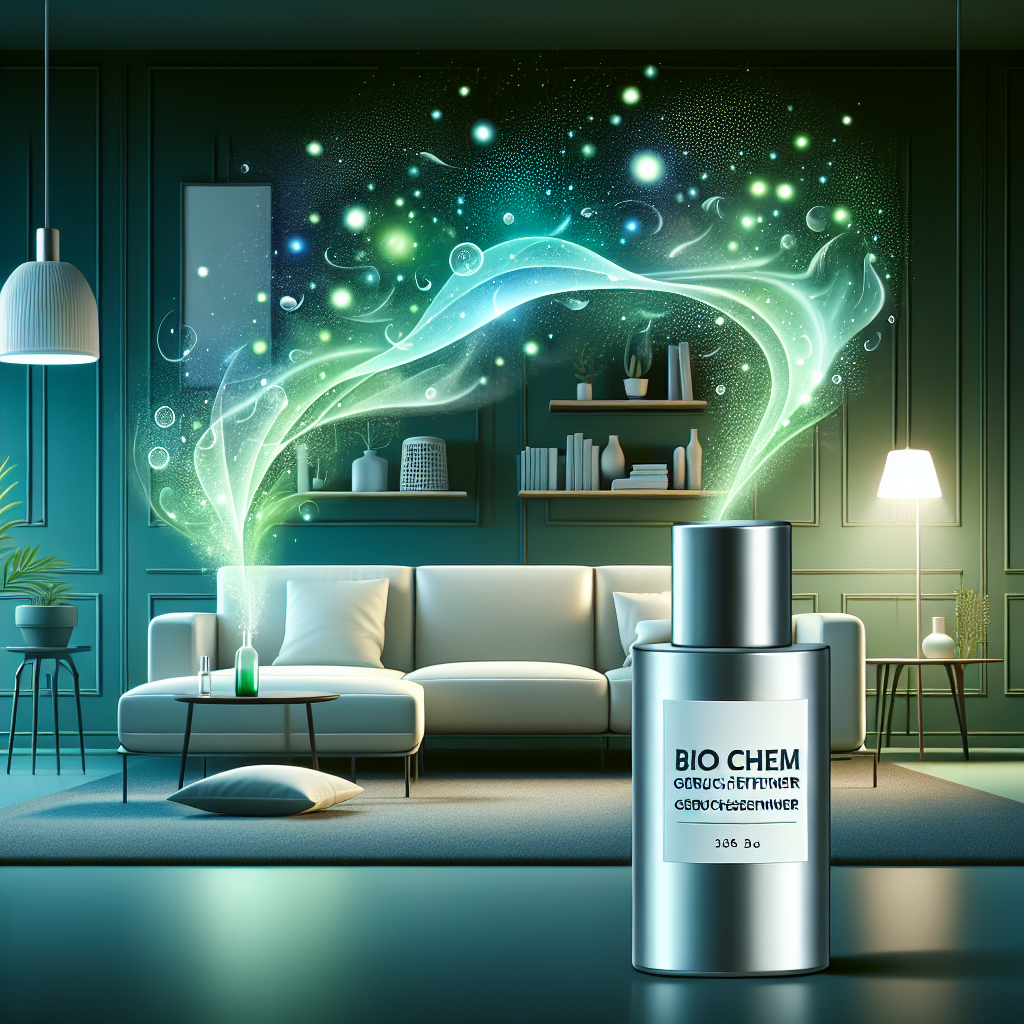 A clean and bright illustration depicting the process of odor elimination. In a modern living room setting, faint, dark, unpleasant odor wisps are actively dissolving and dissipating into thin air. From a sleek, minimalist bottle labeled 'Bio Chem Geruchsentferner,' light green and blue glowing particles are gently emanating, representing the natural enzymes or microorganisms neutralizing the bad smells. The overall atmosphere is transforming from slightly murky to vibrant, fresh, and pristine.