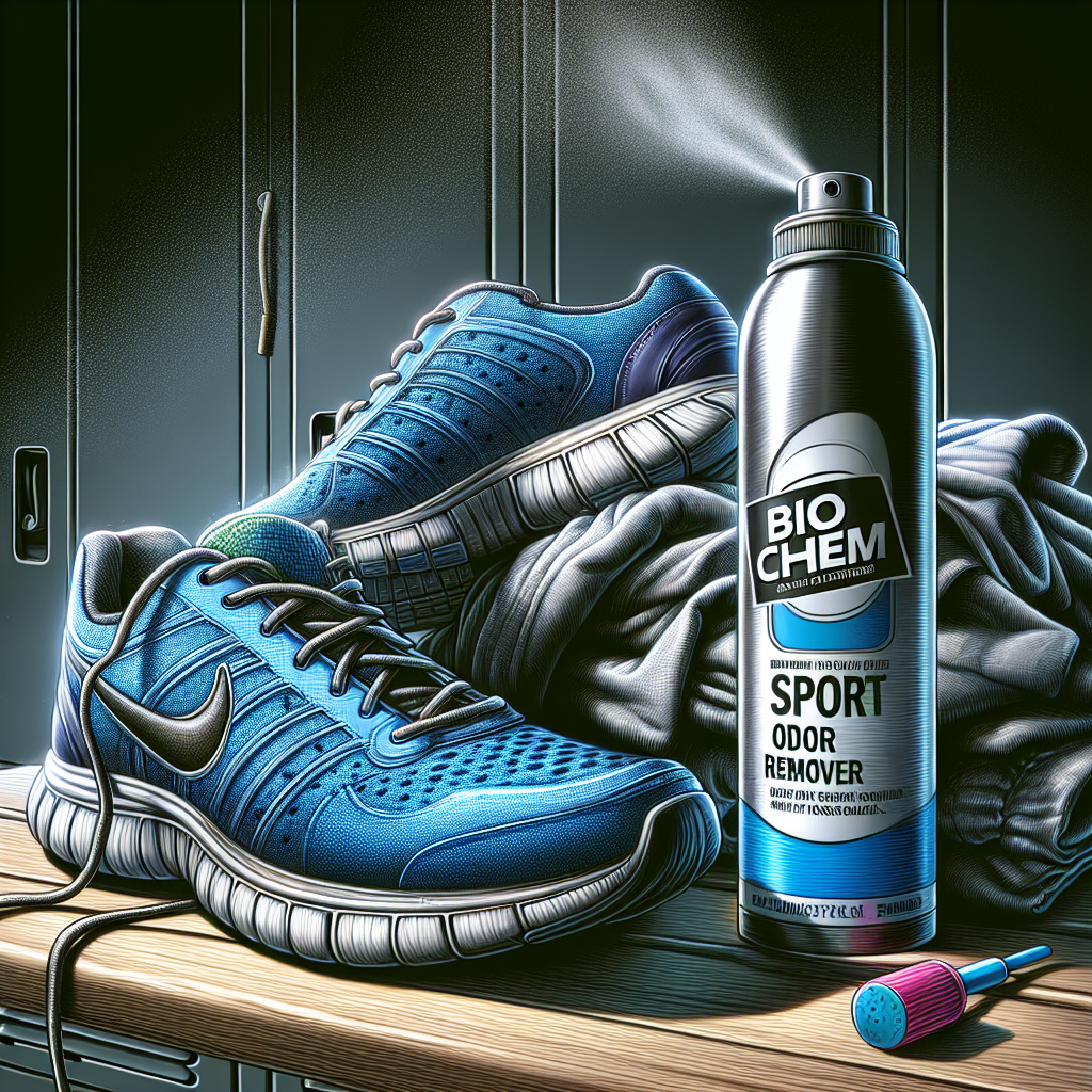 A dynamic close-up photo of a pair of well-worn, slightly damp running shoes and a crumpled, sweaty gym shirt on a locker room bench. Above them, a fine, fresh mist or a wave of clean, invigorating air emanates from a sleek bottle of 'Bio Chem Sport Odor Remover', visually dispelling any hint of odor and leaving the gear looking fresh and ready for the next workout. Realistic, high-contrast lighting.