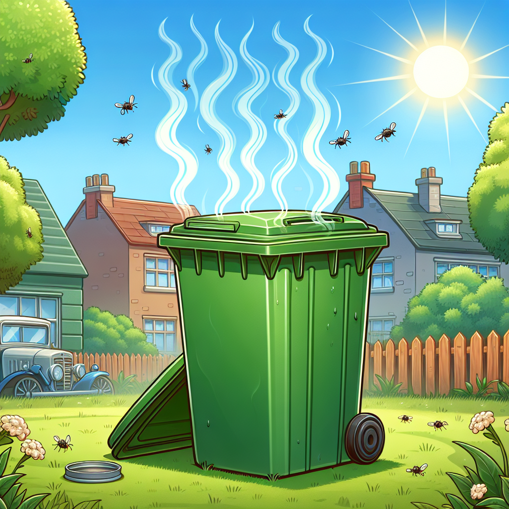 A green organic waste bin (Biotonne) sitting under a hot summer sun, with a distinct, wavy haze of unpleasant odor visibly rising from its open lid. A few flies are buzzing around the top, emphasizing the foul smell. The setting is a typical backyard or curbside, conveying an unhygienic atmosphere.