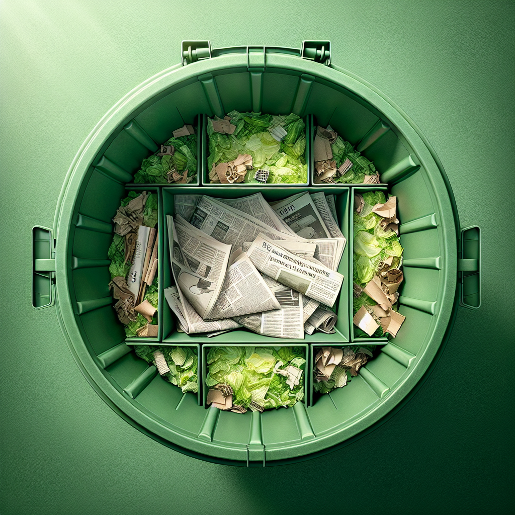 An inside view of a perfectly clean and fresh green organic waste bin (Biotonne). The bottom is neatly lined with dry newspaper and cardboard pieces. The bin looks well-maintained and free of odor, with a clean and bright appearance, symbolizing effective prevention.