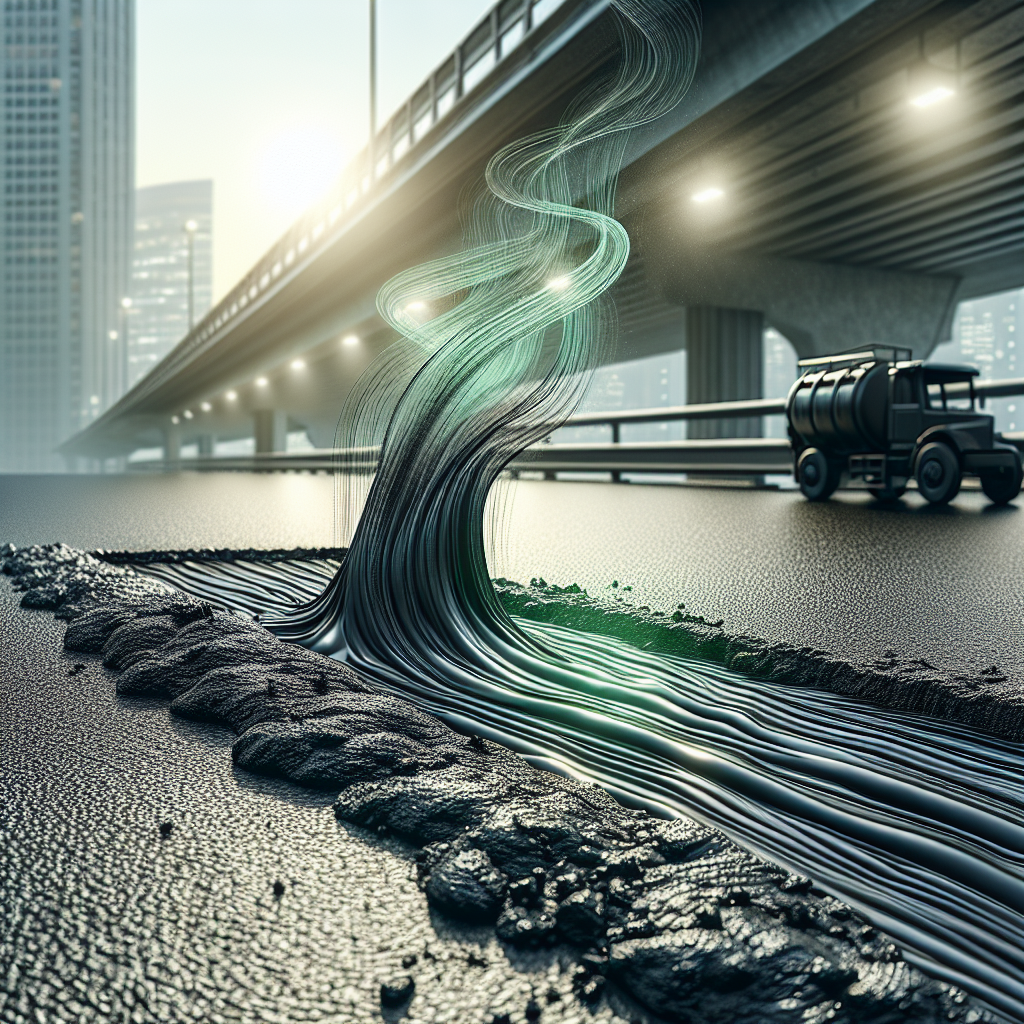 A detailed, realistic photograph showing freshly applied, dark black bitumen on a construction surface, such as a roof or an outdoor pathway. From the bitumen, visible wavy, slightly green and grey atmospheric lines emanate upwards, visually representing an intense, pungent, and persistent odor. The overall mood should convey discomfort and the stubbornness of the smell. Bright daylight, crisp focus on the bitumen and the rising 'smell'.