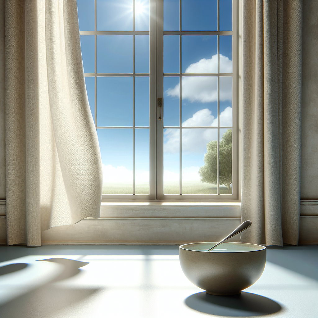 A bright, clean indoor space, possibly a recently sealed room or a renovated area. A wide window is fully open, showing blue sky outside, with a gentle breeze subtly moving a light curtain, indicating strong ventilation. In the foreground, on a clean, light-colored surface, a small, elegant ceramic bowl filled with a clear liquid (symbolizing a natural odor absorber like vinegar water) is placed. The overall atmosphere is fresh, airy, and suggests successful odor removal. Realistic photograph, focus on cleanliness and fresh air.