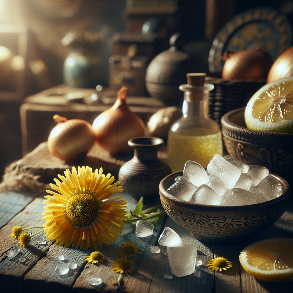 A collection of various natural home remedies arranged on a rustic wooden surface: an arnica flower, a small bowl of ice, and a few slices of onion. The background is softly blurred, implying a cozy, home setting. Warm, natural light.
