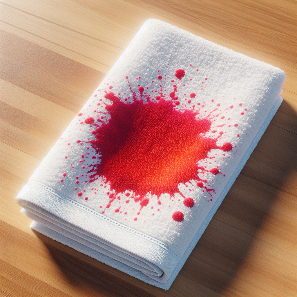 A close-up, high-detail photograph of a fresh, bright red blood stain on a white cotton kitchen towel, crumpled slightly on a clean wooden kitchen counter. The stain appears vivid and recently made, emphasizing urgency. Natural lighting, realistic style.