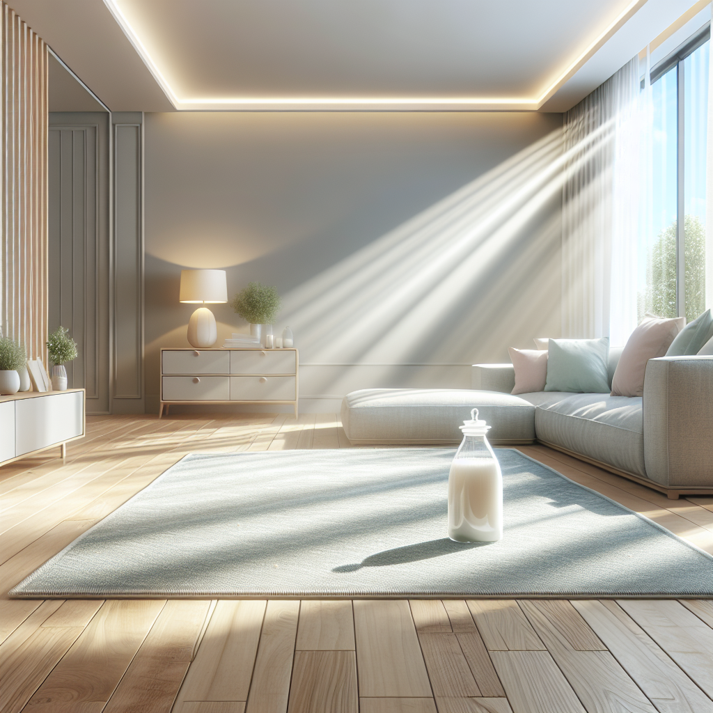 A serene, well-lit modern living room with a clean, polished wooden floor and a fresh, light-colored rug. Sunlight bathes the room, emphasizing a feeling of cleanliness and fresh air. A small, aesthetically pleasing container of baking soda is subtly placed on a nearby surface. The overall atmosphere conveys comfort and purity, realistic photography style.