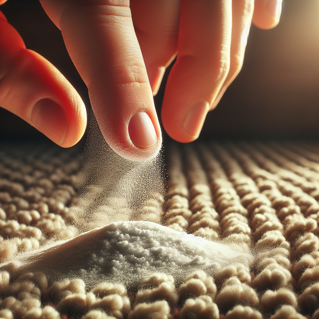 Close-up of a human hand gently sprinkling a fine, white powder (baking soda) onto a textured carpet. Subtle, almost imperceptible wisps of a greyish 'unpleasant odor' are visibly dissolving and fading away into clean, clear air above the carpet. The lighting is warm and natural, emphasizing the neutralizing effect. High detail, macro photography, realistic.