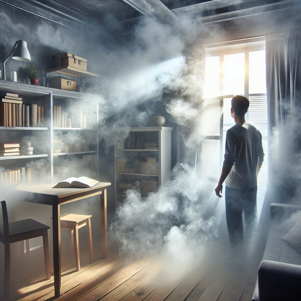 Realistic photo of a living room interior with a noticeable, unpleasant smoke haze lingering in the air, creating a dull and stuffy atmosphere. Subtle soot marks are visible on surfaces like a bookshelf or table. Sunlight struggles to brighten the room, emphasizing the persistent, trapped odor. A person stands near an open window, looking slightly frustrated or overwhelmed.