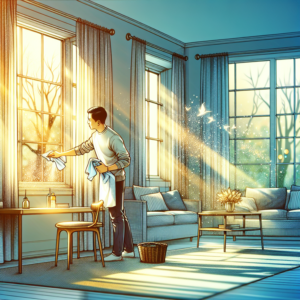 Realistic photo of a sparkling clean and bright living room interior. Windows are wide open, letting in abundant fresh air and warm sunlight that illuminates dust motes dancing in the clean air. A person is shown actively wiping down a surface with a clean cloth, looking focused and satisfied. The room feels fresh, airy, and completely free of any unpleasant odors, symbolizing successful cleaning.