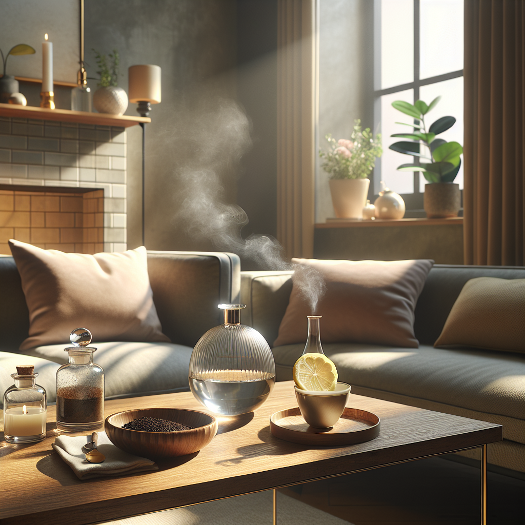 A cozy, clean living room interior bathed in soft sunlight, featuring a subtle, almost invisible wisp of smoke or a slightly muted atmosphere near soft furnishings, indicating a lingering odor. On a wooden coffee table, there's a stylish glass bowl of water with a lemon slice, a small ceramic dish with coffee grounds, and a clear glass bottle of vinegar. A window in the background is slightly ajar, suggesting fresh air. The overall aesthetic is warm, natural, and hopeful, with a focus on natural remedies.