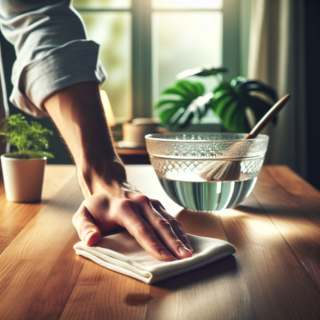 Close-up shot of a hand gently wiping a clean wooden surface (like a table or countertop) with a white cloth. A small, elegant glass bowl filled with clear liquid, hinting at vinegar water, sits beside it. In the blurred background, an open window lets in soft daylight, and a green plant adds a touch of freshness. The scene emphasizes natural cleaning, freshness, and the act of removing lingering smells. Soft, diffused lighting.