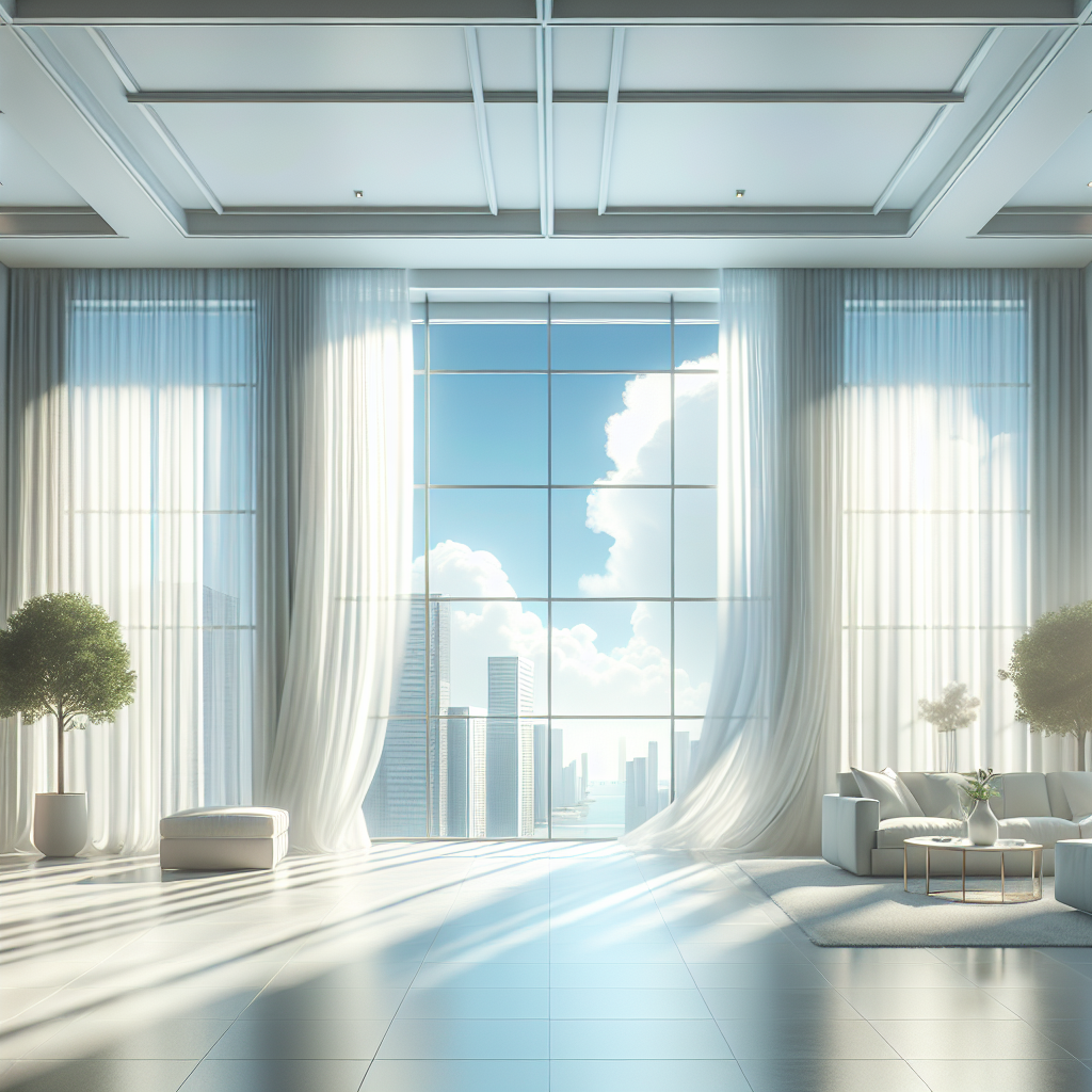 A modern, well-lit living room with large windows wide open, revealing a bright, clear sky outside. A gentle breeze is suggested by softly billowing sheer curtains. The room looks fresh and clean, symbolizing the successful removal of smoke odor and a renewed atmosphere. Blog article header image style, clean aesthetic, natural light.