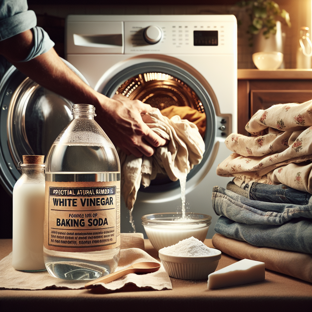 A close-up of hands placing clothes and textiles into a washing machine, with a bottle of white vinegar and a box of baking soda visible nearby on a countertop. The scene emphasizes practical methods for removing strong smoke odors from fabric, with a focus on cleanliness and natural remedies. Warm, domestic lighting. Blog article supporting image style.
