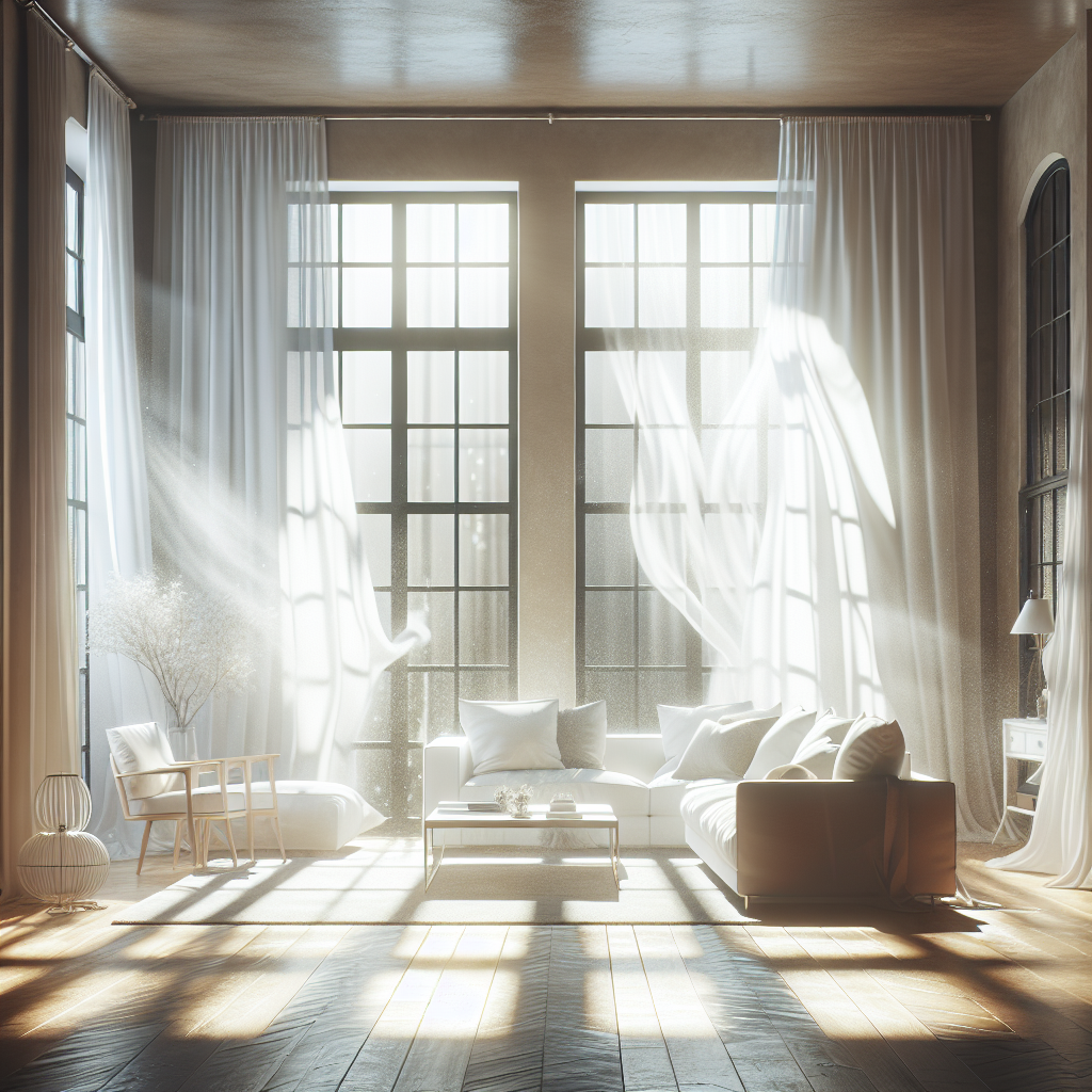 A bright, airy living room with large open windows, where sheer white curtains gently billow from a fresh breeze. Sunlight streams into the sparkling clean room, illuminating dust motes in the fresh, purified air. The scene conveys a strong sense of renewal, cleanliness, and a pleasant, odor-free atmosphere after successful remediation. No signs of smoke or residue are visible.
