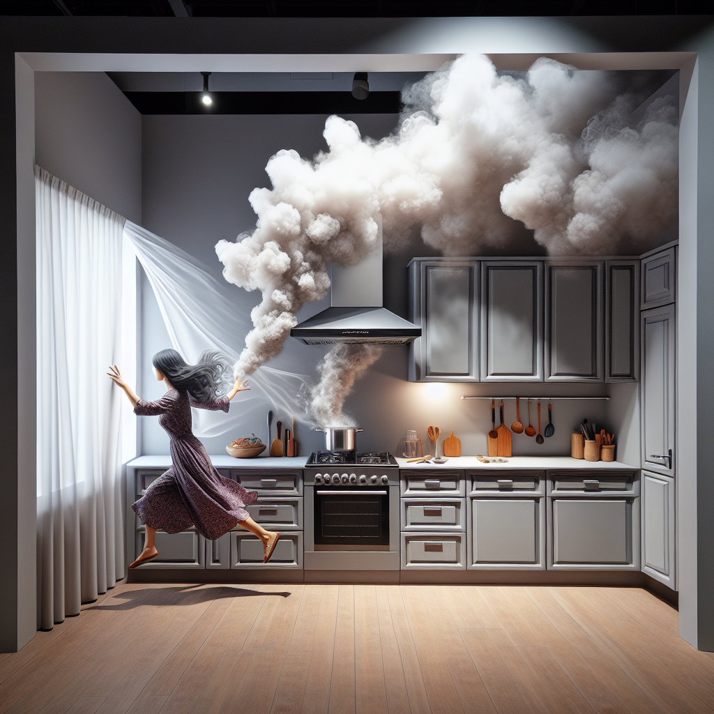 A modern kitchen interior filled with a faint, wispy smoke, with a person quickly opening a large window to create a strong draft. A range hood is visibly running, and a slightly burnt pot sits on a stovetop, indicating the source of the smoke smell. The overall atmosphere should convey a sense of immediate action and mild distress, aiming for a realistic, clean photographic style.