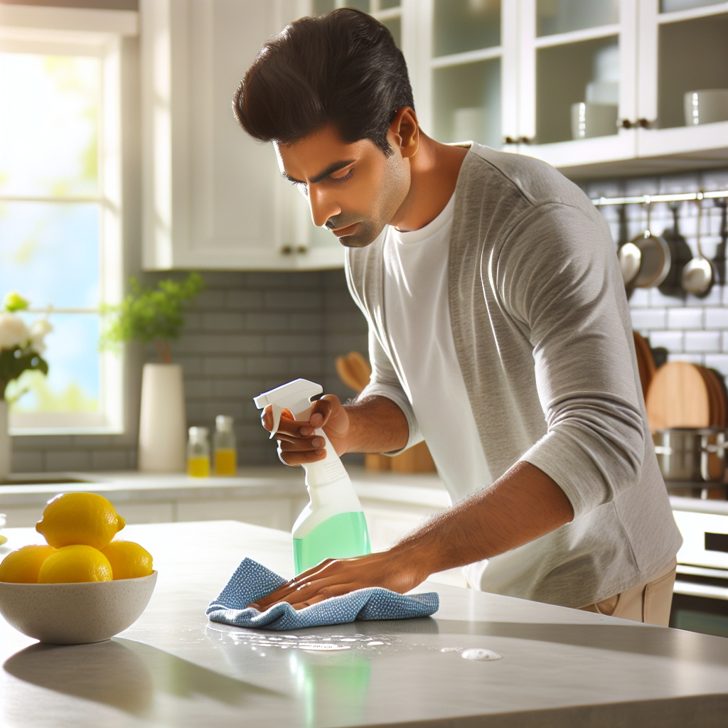 A bright, clean, and airy kitchen scene. A person is diligently wiping down a kitchen counter with a damp cloth, a spray bottle and a bowl of fresh lemon halves are visible nearby, symbolizing natural cleaning. The kitchen should appear sparkling and fresh, implying the successful removal of unpleasant odors. The overall style should be realistic and inviting, showing meticulous cleaning.