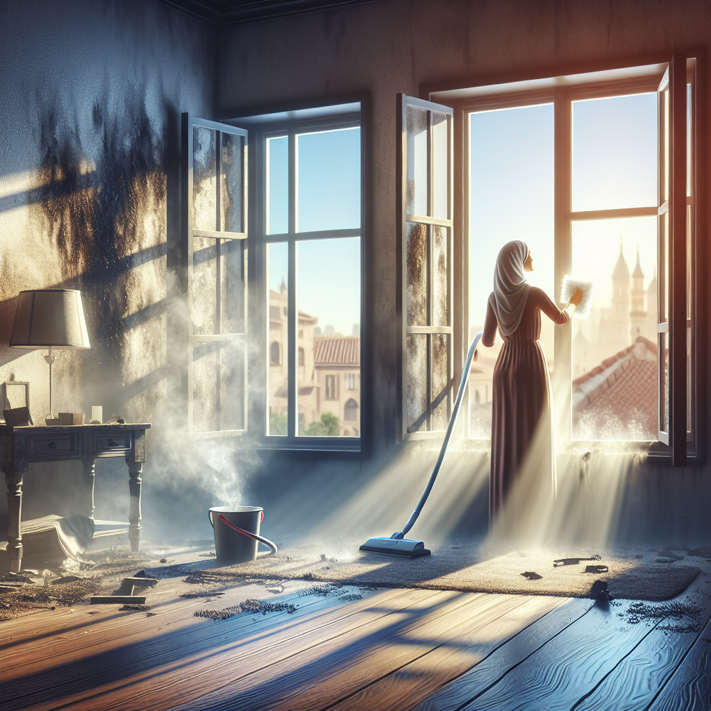 A clean, hopeful scene inside a home after a fire. Sunlight streams through wide-open windows, creating a strong sense of ventilation and fresh air entering the room. A person is actively engaged in a light cleaning task, perhaps wiping down a wall with a sponge and a bucket, or gently vacuuming. While there are subtle, non-distressing hints of the fire's aftermath (e.g., a faint discoloration on a distant wall, not charred ruins), the overall mood is one of renewal, effort, and the successful removal of smoke odor. The room feels much fresher and brighter than before. Realistic photography style.