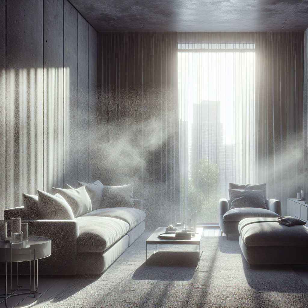 A modern, clean living room interior, but with a subtle, almost translucent grey haze clinging to textiles and furniture, hinting at a persistent smoke odor. Sunlight streams weakly through a window, illuminating dust motes and the barely visible smoke. The atmosphere should feel slightly stale and unpleasant, despite the otherwise tidy setting. Realistic, high-quality photograph, soft focus.