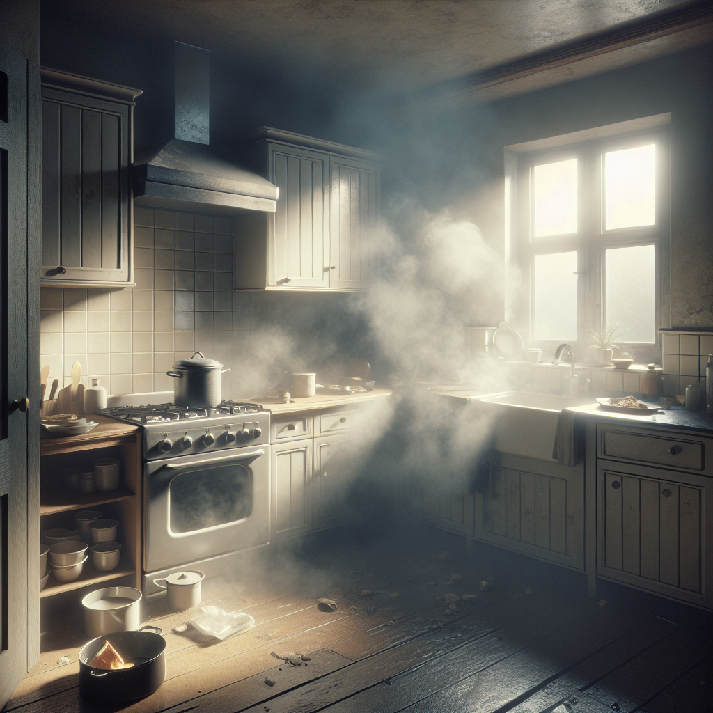 A realistic photo of a slightly desaturated kitchen interior after a minor cooking mishap. A subtle, almost invisible wispy haze of smoke lingers in the air, hinting at a strong, unpleasant smell. A window is partially open, but the room still feels heavy and stuffy. A discarded burnt pot might be visible on the stove or counter. Soft, indirect light, conveying a somber and uncomfortable atmosphere.