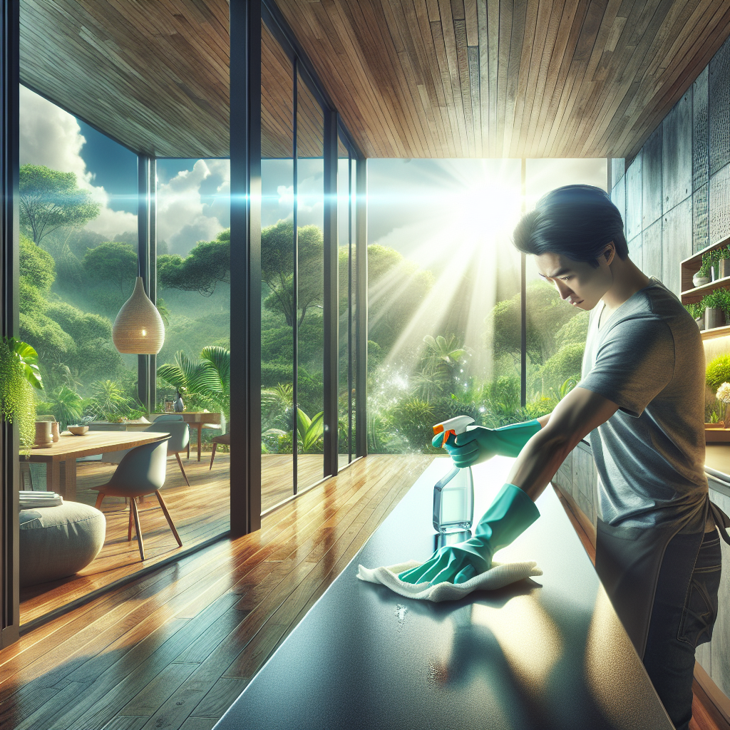 A bright, high-key realistic photo of a modern living room or kitchen interior being thoroughly cleaned. A person (wearing cleaning gloves) is actively wiping down a surface with a cloth and a spray bottle, while a large window is wide open, letting in brilliant sunlight and a clear view of fresh greenery outside. The room appears pristine, airy, and inviting, with a strong sense of renewal, freshness, and purification. Emphasize cleanliness, light, and the feeling of fresh air.