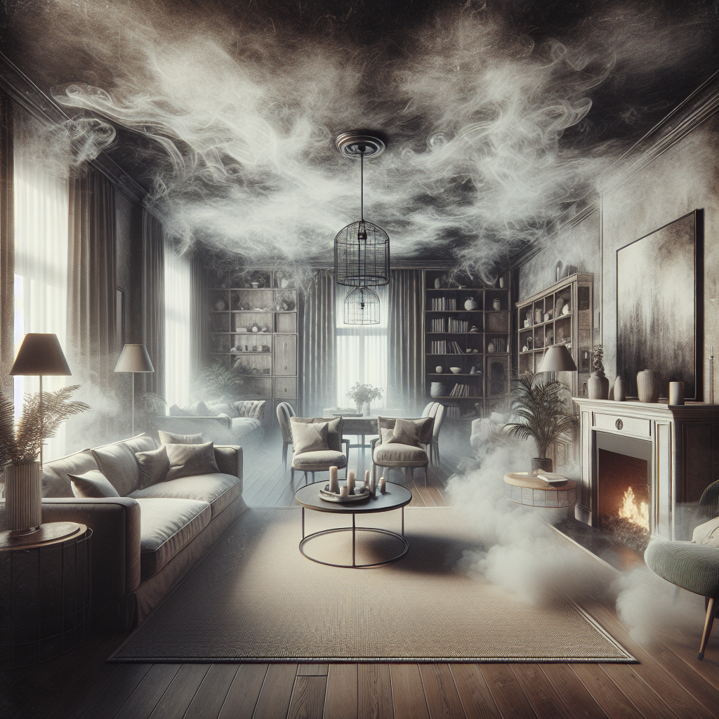 A realistic image of a domestic living room after a small, contained fire. Subtle, dark, swirling smoke tendrils visibly rise from furniture and textiles, representing the persistent, acrid smoke smell clinging to everything. The room should appear dim and slightly desaturated, emphasizing the unpleasant and hard-to-remove nature of the odor.