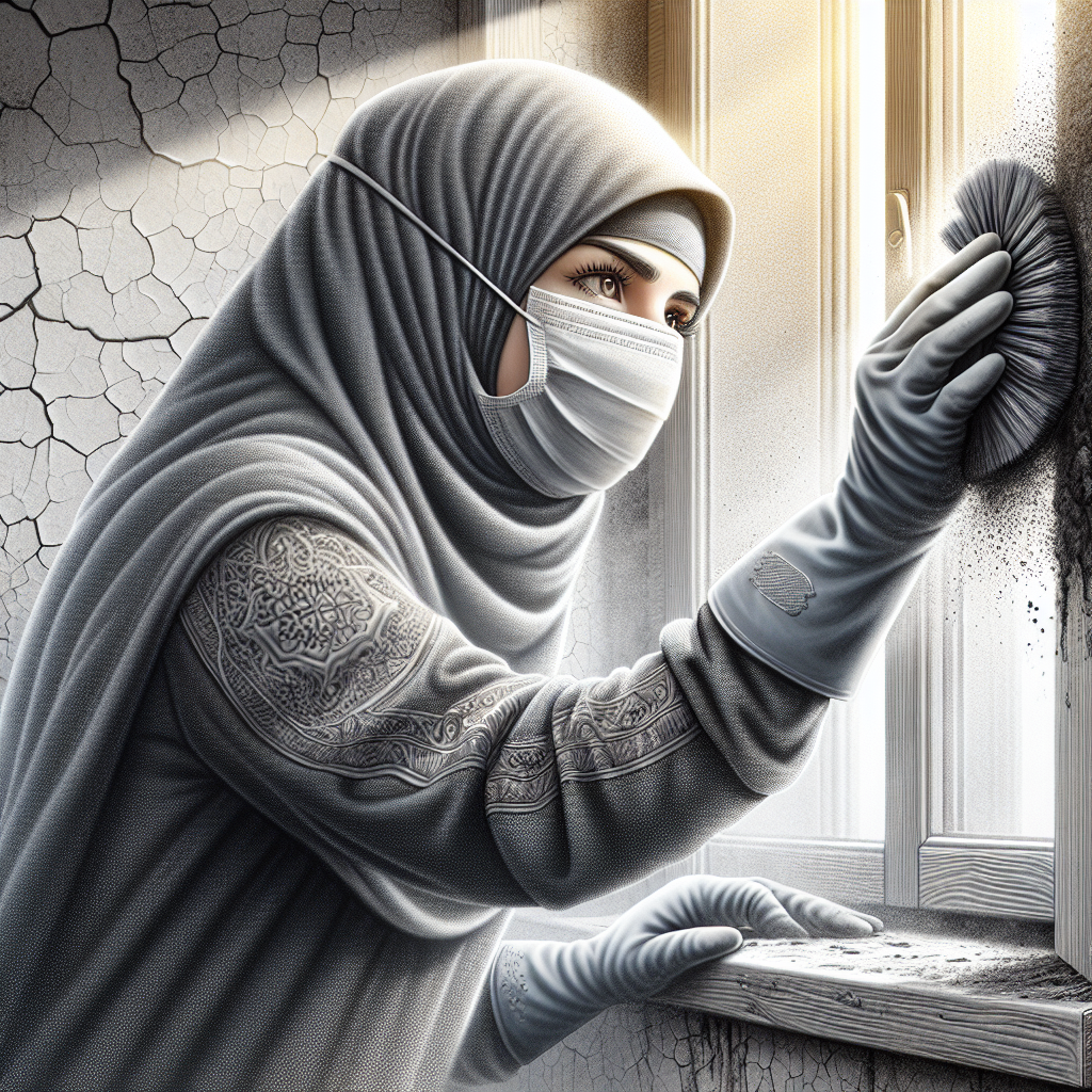 A close-up, realistic shot of a person wearing protective gloves and a mask, diligently scrubbing a soot-stained wall with a cleaning solution. In the background, an open window lets in bright, clear sunlight, symbolizing fresh air and the process of actively eliminating the smoke odor after a fire.