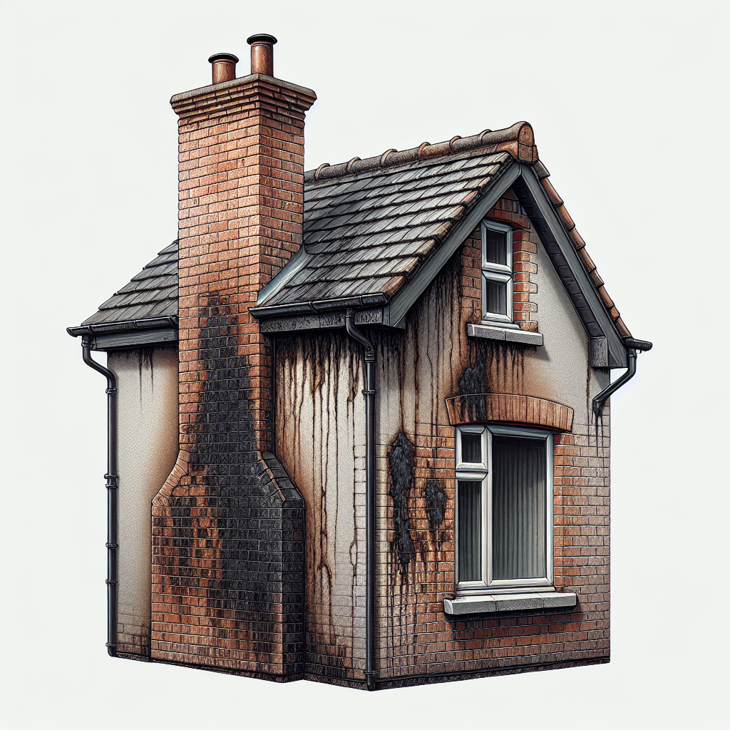 A close-up, realistic photo of a house chimney exterior showing prominent, dark brown and black stains on the brickwork or stucco, suggesting moisture damage and sooting. The overall impression is unsightly and concerning, with perhaps a hint of dampness.