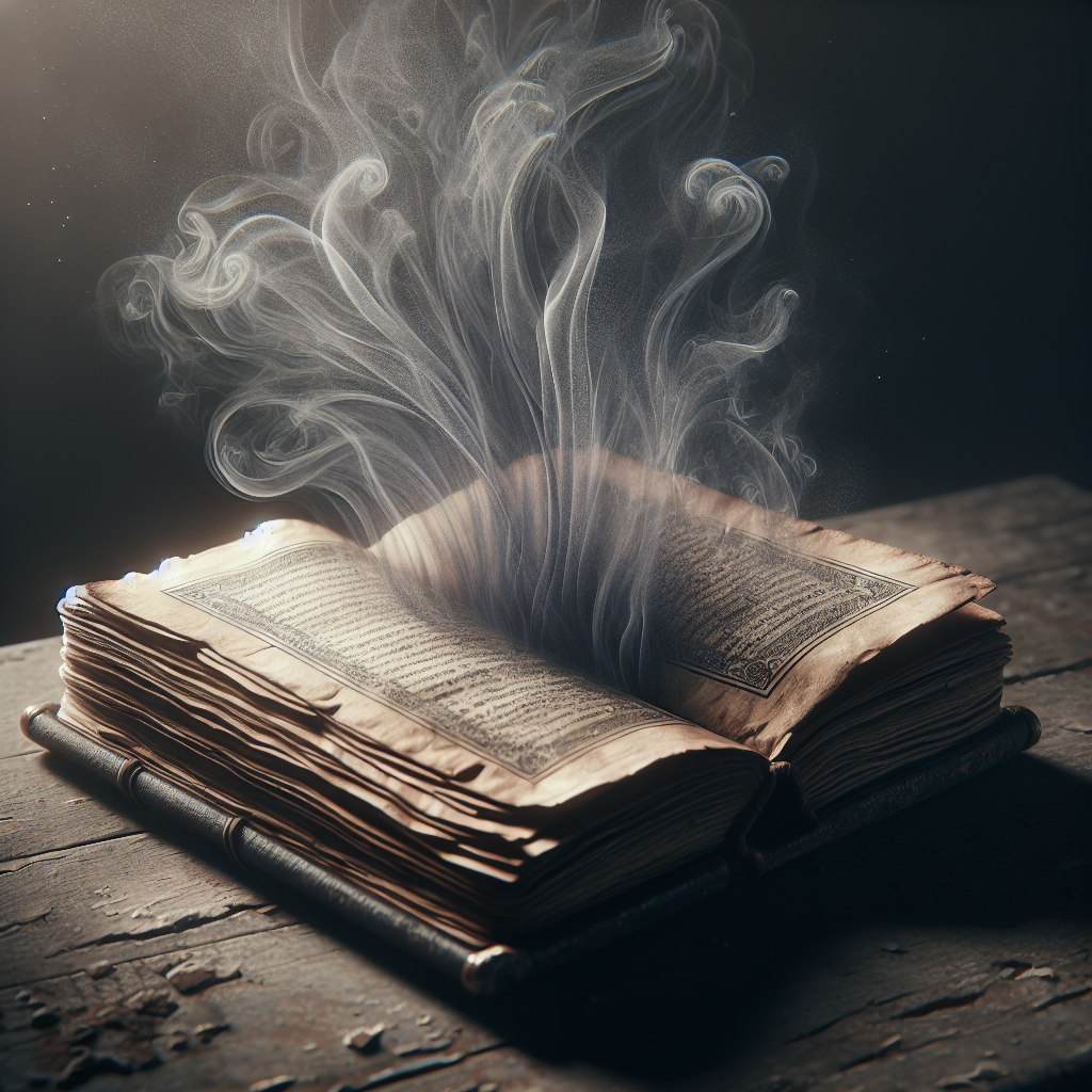 An old, visibly worn and slightly discolored book with faint, wispy dark grey tendrils subtly coiling upwards from its open pages, visually representing an unpleasant, musty odor. The book rests on a dusty wooden surface in a dimly lit room, evoking a sense of neglect. Realistic, detailed, atmospheric.