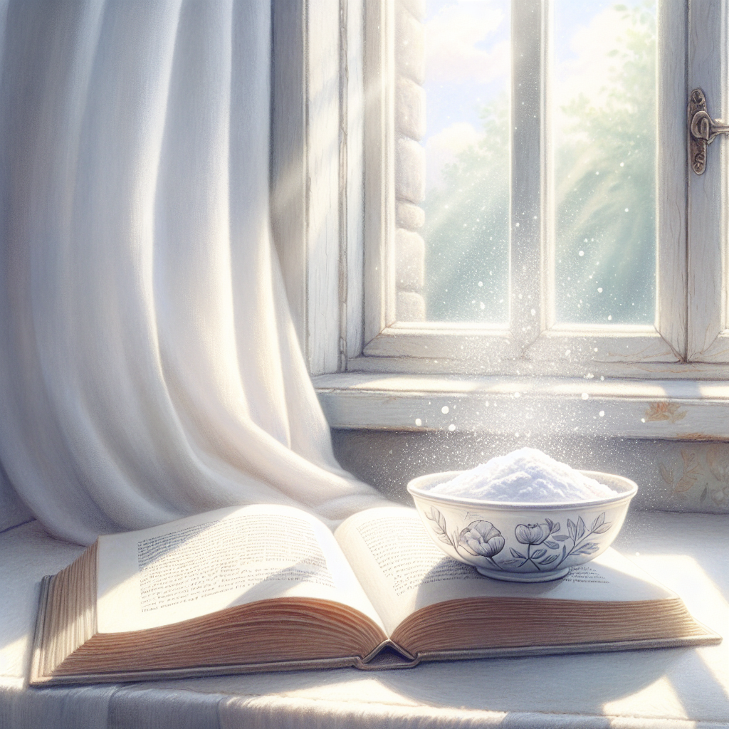 A clean, well-preserved open book placed on a bright windowsill, with soft natural light illuminating its pages. A gentle, almost invisible breeze appears to be airing out the pages. In the background, a small, elegant ceramic bowl containing white powder (baking soda) is discreetly visible. The scene evokes freshness, cleanliness, and a subtle sense of a solved problem. Realistic, bright, and airy atmosphere.