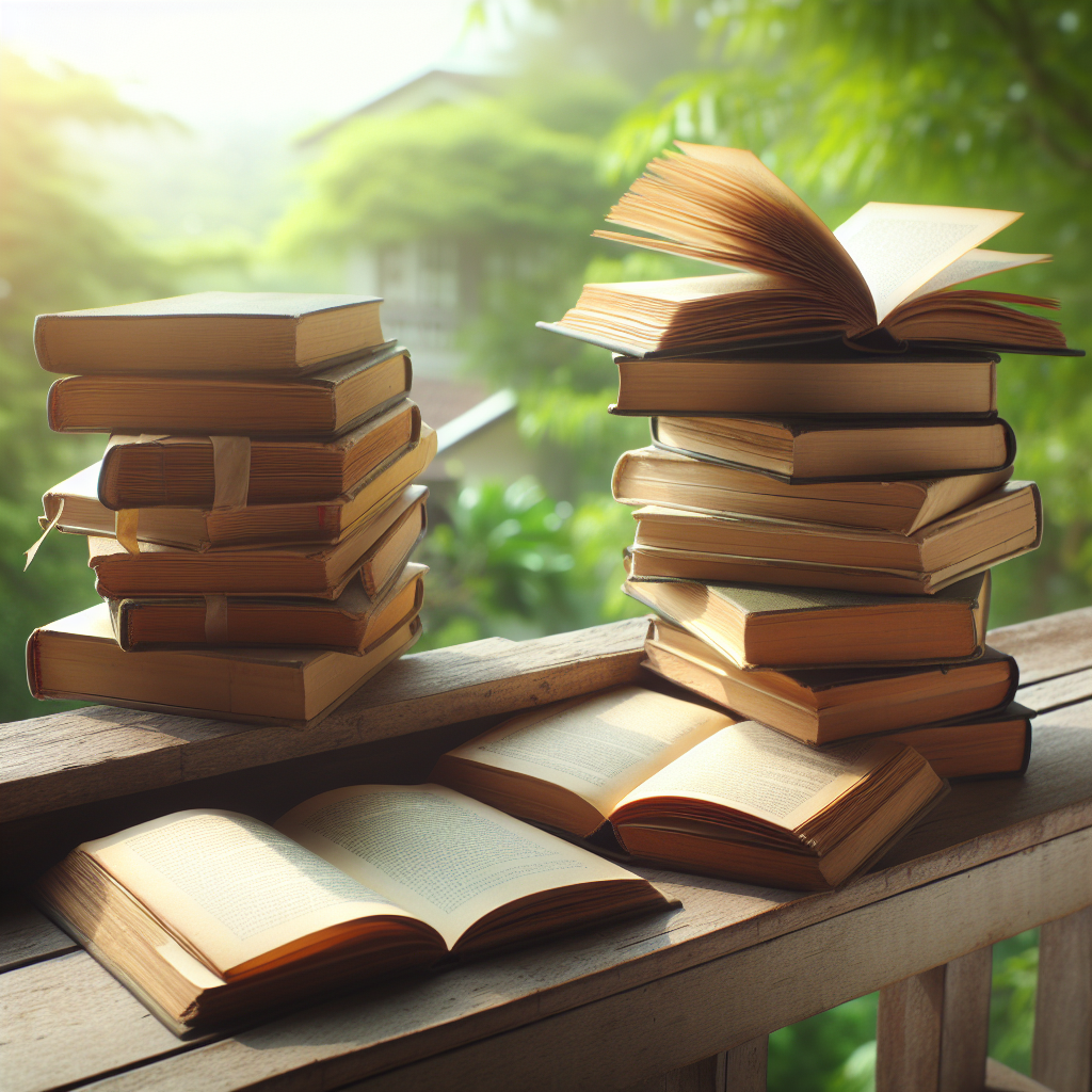 A stack of vintage books with slightly yellowed pages, some open, being gently aired out on a rustic wooden balcony railing on a bright, slightly breezy day. The background shows a soft, blurred natural outdoor setting, implying freshness and renewal. The lighting is soft and natural, casting gentle shadows. The overall mood is calm and restorative.