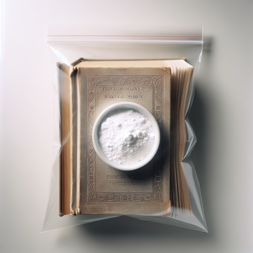A close-up shot of an open, slightly worn book placed inside a clear plastic bag. Next to the book, inside the bag, is a small, white ceramic dish filled with white baking soda powder (Natron). The bag is partially sealed. The focus is on the book and the baking soda, with a clean, light background. The image conveys a sense of a practical household remedy in action, clean and effective.