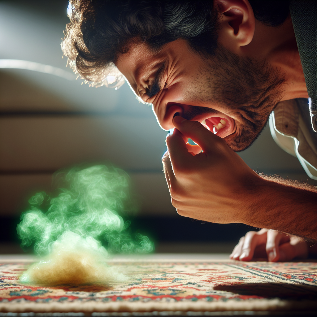A person grimacing and holding their nose in extreme disgust, recoiling from a small spill on a car floor mat. Visual cues of a foul, rancid butter or vomit-like smell are subtly represented as hazy green-brown vapors. The scene captures the immediate and overwhelming unpleasantness of butyric acid smell. Realistic, slightly dramatic lighting.